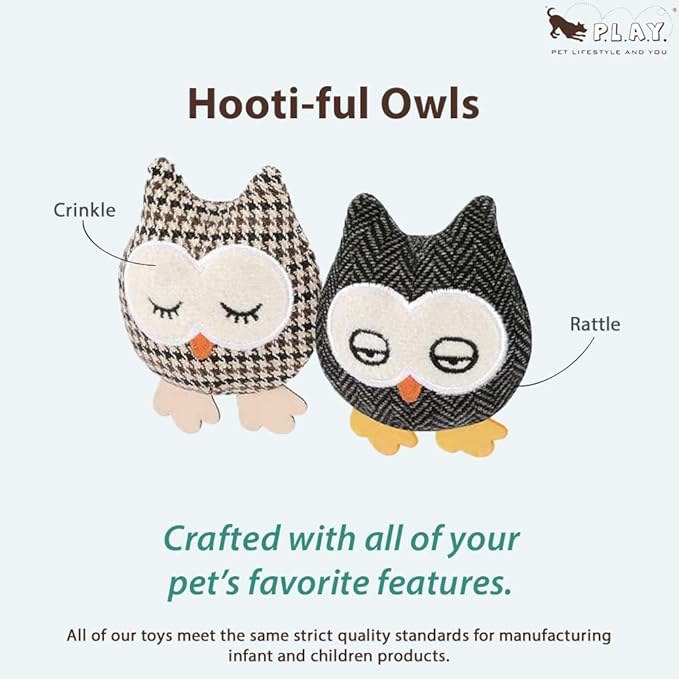 P.L.A.Y. Cute Cat Toys - Feline Frenzy Animal Critter Themed Catnip Filled Toy, Great for Adult Cats and Kittens - Machine Washable, Recycled Materials, Crinkles, Rattle (Hooti-Ful Owl, Set of 2)