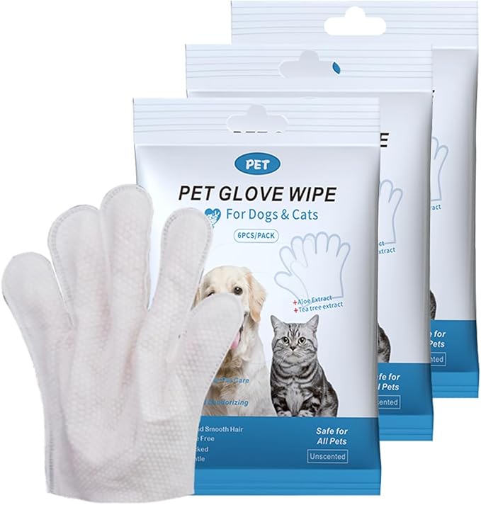 Pet Cleaning & Deodorizing Glove Wipes-Extra Thick-6pcs*3PACK, Bathing Spa for Dogs & Cats, Hypoallergenic, Nourish & Smooth Hair, for Daily Care & Traveling; CWSJ18