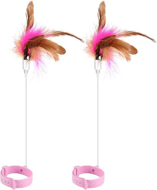 2pcs Cat Teaser Wand Toy, Cat Teasing Wand Collar Silicone Adjustable Cat Wand Toy Feather with Bell Cat Interactive Teaser Toys for Indoor Cat Kittens Playing Exercise (Pink)