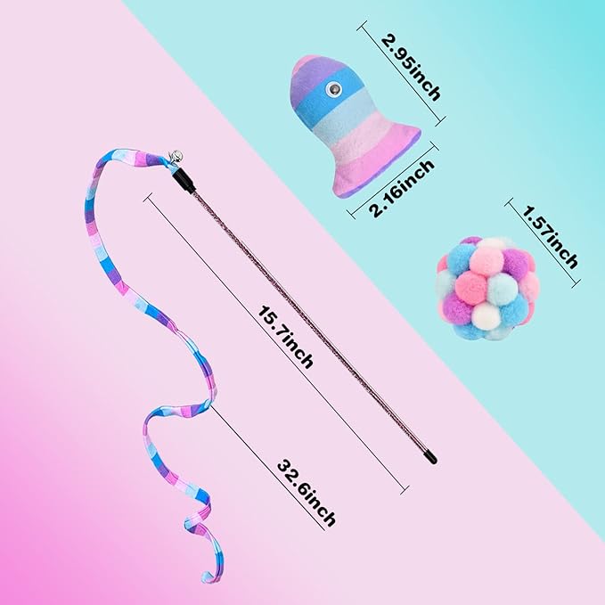 TUSATIY Cat Toys 3 Pack Set, Rainbow Cat Wand Toys, Cat String & Cat Ball with Bell & Catnip Toys, Interactive Kitten Toys for Indoor Cats(Purple Fish)