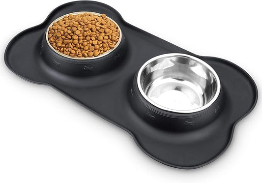 AsFrost Dog Food Bowls Stainless Steel Pet Bowls & Dog Water Bowls with No-Spill and Non-Skid, Feeder Bowls with Dog Bowl Mat for Small Medium Large Size Dogs Cats Puppy Pets, Dog Dishes, Black, 12oz