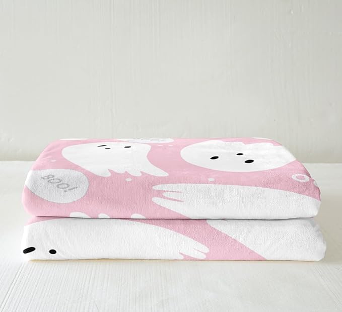 Pink Halloween Sherpa Blanket Queen 90"x90" Cartoon Pink Ghost Fleece Throw Blanket for Bed Sofa Couch Kids Kawaii Cute Plush Blanket Pink Fuzzy Blanket Bedroom Flannal Blanket