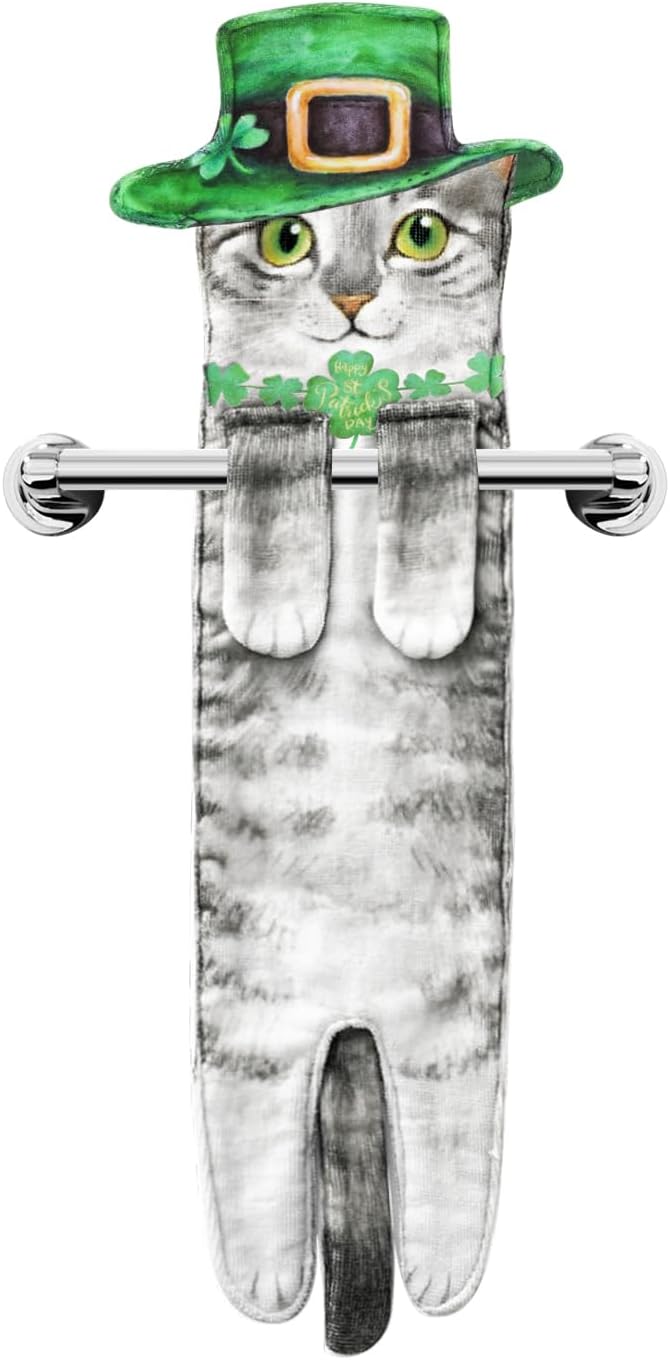 Funny St Patricks Day Cat Hand Towels for Bathroom Kitchen - Cute Green Shamrock Decorative Cat Decor Hanging Towels Super Absorbent Soft - Housewarming Birthday Gift for Women Cat Lovers - Grey