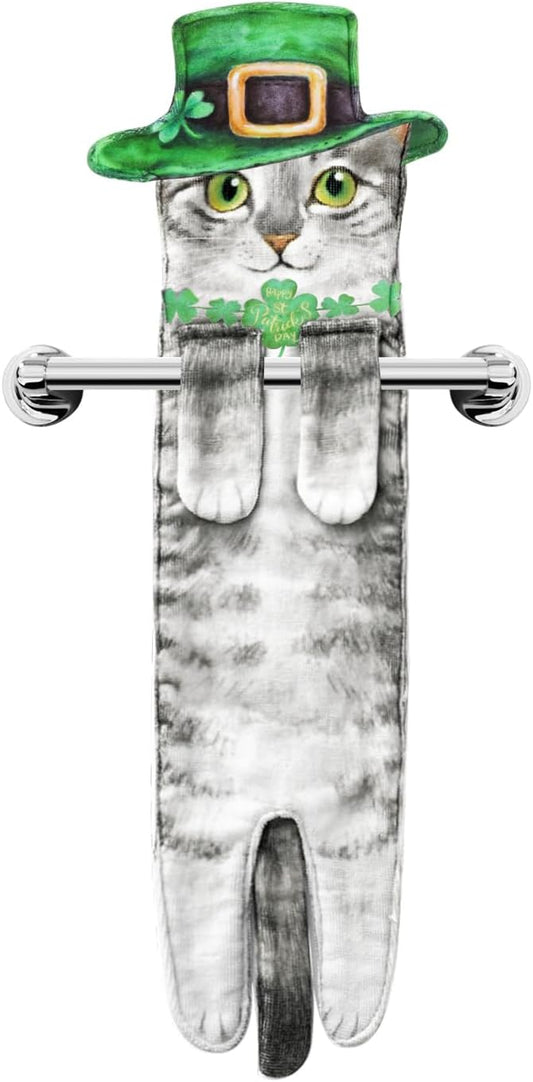 Funny St Patricks Day Cat Hand Towels for Bathroom Kitchen - Cute Green Shamrock Decorative Cat Decor Hanging Towels Super Absorbent Soft - Housewarming Birthday Gift for Women Cat Lovers - Grey