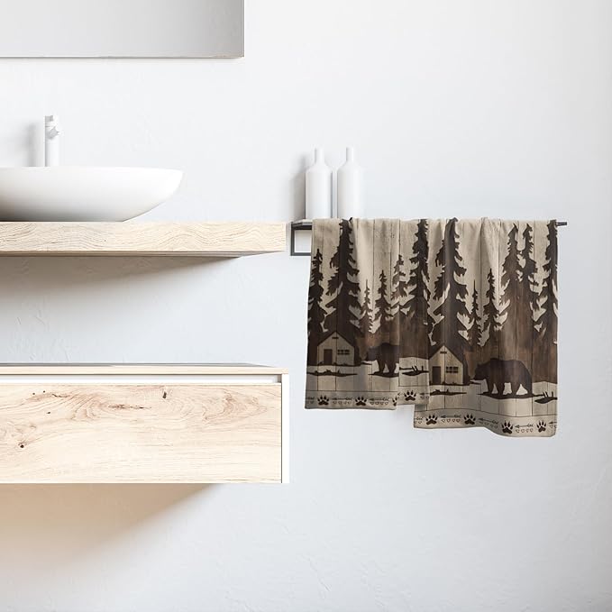 Brown Bear Hand Towels Forest Cabin Bath Fingertip Towels Set of 2 Soft Guest Face Towel Bathroom Decoration Thin Kitchen Tea Dish Towels