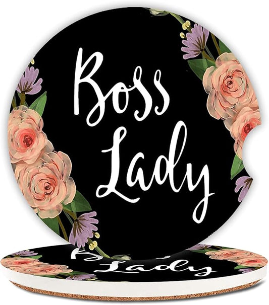 Boss Lady Floral Absorbent Car Coasters,Floral Design Decorative Ceramic Cup Holders Coasters with a Finger Notch for Women Men 2.56"(2 Pieces)