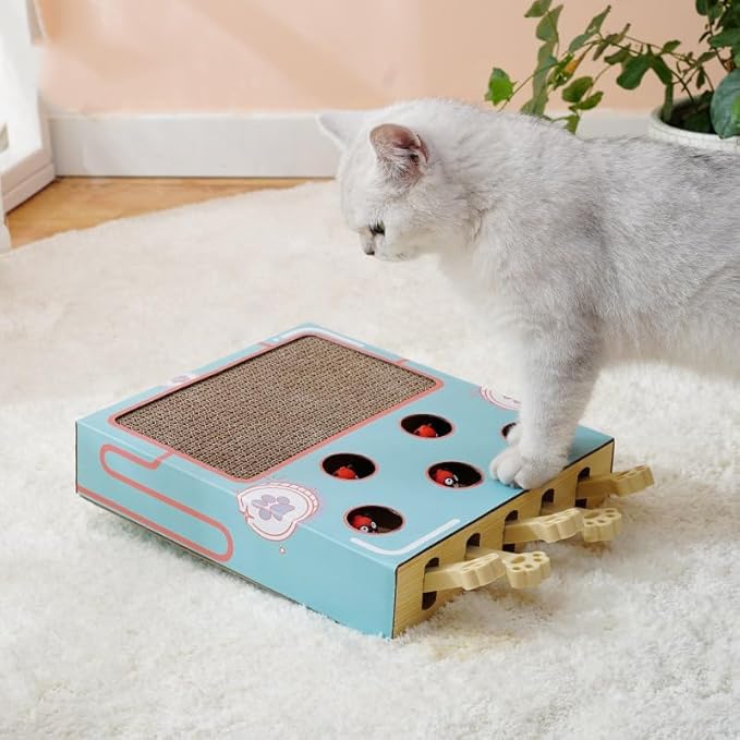 Cat Enrichment Toys for Indoor Cats, Whack a Mole Game Cat Puzzle Toy, Safe Fun Box Paws Scratcher, Interactive Box Catch Mice Game Cat Puzzle Toy for All Ages Exercise Puzzle Relieve Boredom(Blue)