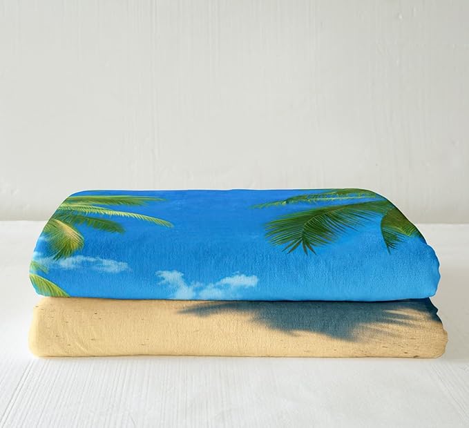 Ocean Beach Themed Fleece Throw Blanket Tropical Palm Tree Sherpa Blanket for Sofa Couch Bed Women Blue Sea Plush Blanket Hawaiian Summer Warm Fuzzy Blanket Bedroom Decor King 87"x95"