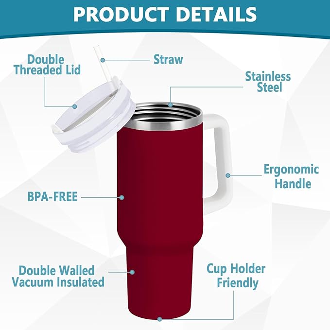 Boccsty Burgundy Solid Color Insulated Tumblers Reusable Stainless Steel Tumbler 40 oz Cup Coffee Travel Mug Water Bottle with Handle & Flip Straw for Home Office Car