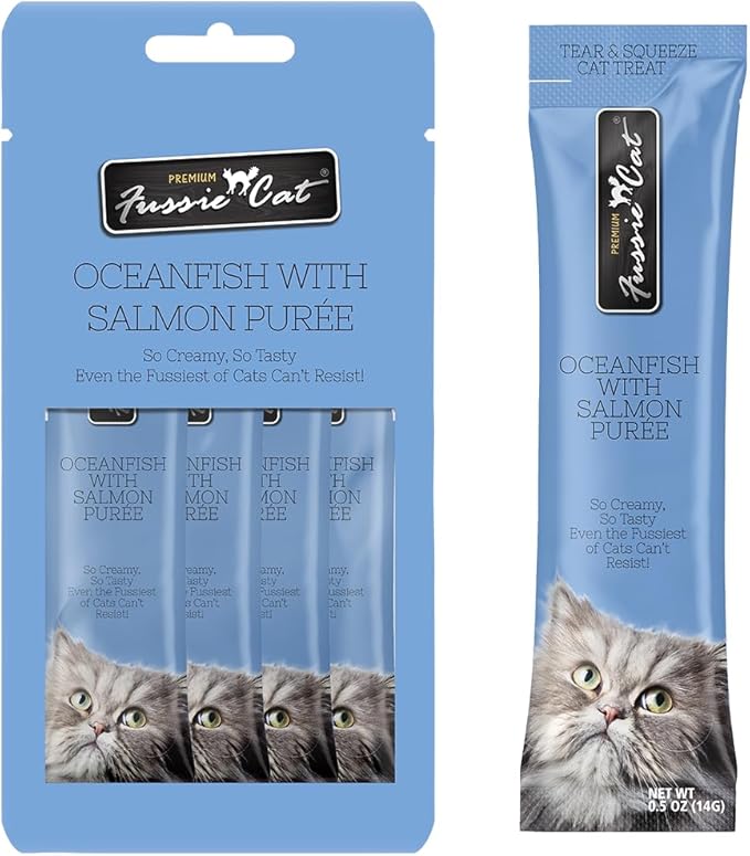 Fussie Cat Ocean Fish and Salmon Puree, lickable cat Treats, 0.5oz Pouch Pack of 4
