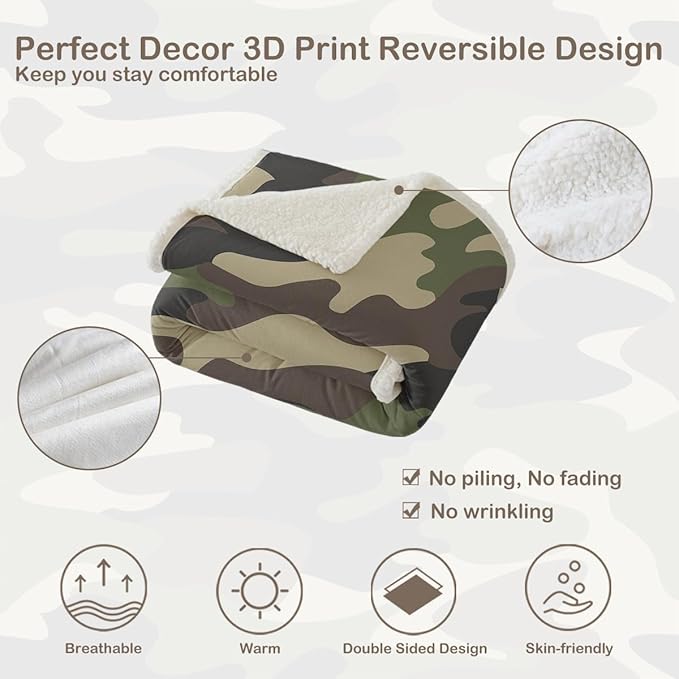 Sleepwish Green Camouflage Fleece Throw Blanket for Kids Boys Soft Brown Camo Camping Sherpa Blanket for Couch Chair, Baby (30"x 40")
