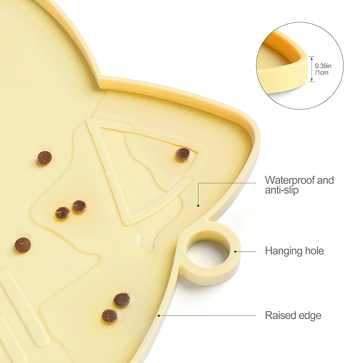 Coomazy Cat Food Mat, Thicker Dog Feeding Mat for Food and Water, Waterproof Non-Slip Silicone Mat for Floor, Dog Food Mat with Raised Edge to Prevent Food Spills and Water Runoff (Yellow, Medium)