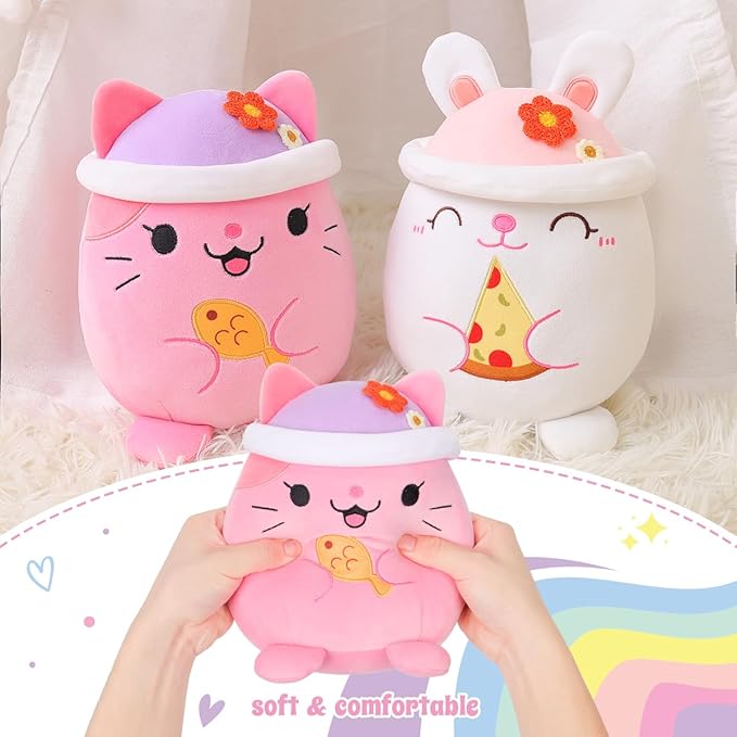 AIXINI Cute Pink Cat Plush Pillow 8" Kitten Stuffed Animal, Soft Kawaii Cat Plushie with Hat Outfit Costume Gift