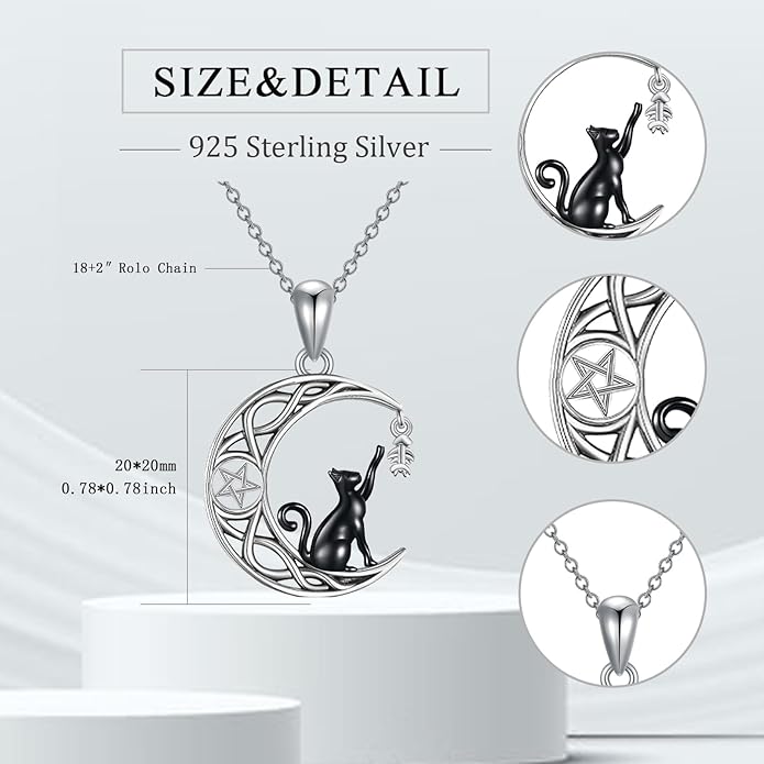 Black Cat/Dragon/Fox/Wolf Necklace 925 Sterling Silver Celtic Moon Pentagram Pendant Gothic Jewelry Goth Halloween Gifts for Women
