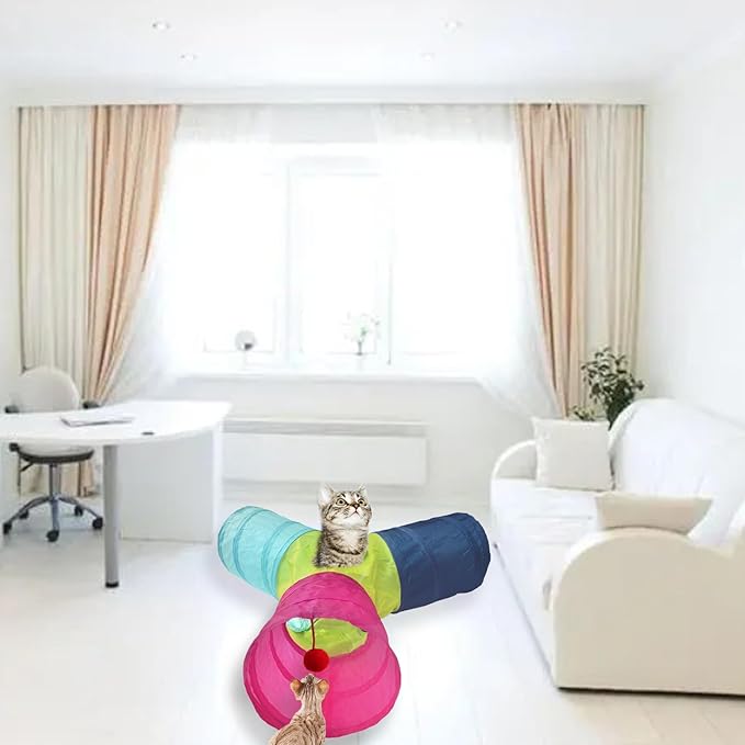 Cat Tunnel Tube Toys，Tunnels for Indoor Cats, 3 Way Colorful Collapsible Interactive Toy with Balls for Rabbits, Kittens, Ferrets, Puppy