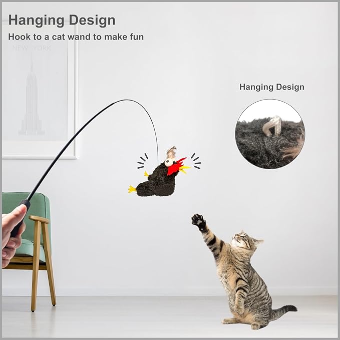 Interactive Flapping Bird Cat Toys, Rechargeable, Touch Activated, Catnip, Chirping Bird Toys for Indoor Cats and Kittens (Black Chicken)