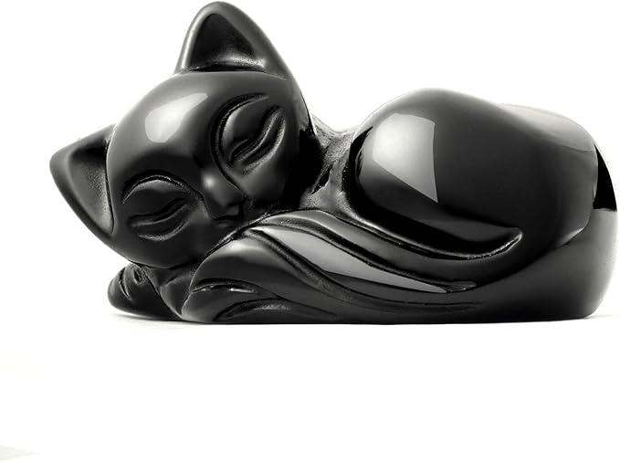 2" Sleeping Cat Statue Black Obsidian Healing Crystals Hand Carved Cute Kitten Figurine, Worry Stone for Anxiety Relif Home Desk Decor Animal Figurine