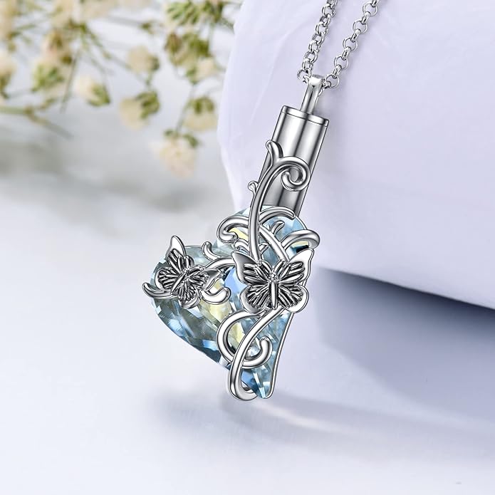 Animal Crystal Urn Necklace For Ashes Sterling Silver Butterfly Dragonfly Bee Phoenix Peacock Hummingbird Fox Angel Wing Pentagram Pentacle Cremation Necklace Heart Teardrop Urn Holder Necklaces For Women Memorial Jewelry