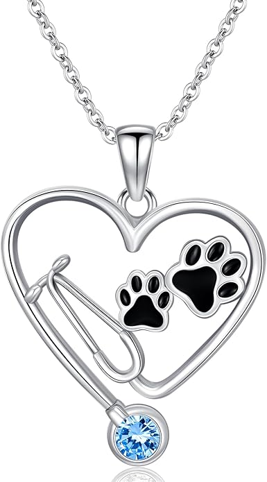 Birthstone Veterinary Stethoscope Necklace 925 Sterling Silver Nurse Vet Pendant with Dog Paw Nurse Jewelry Gifts for Veterinarian Nurse Women Veterinarian Gifts
