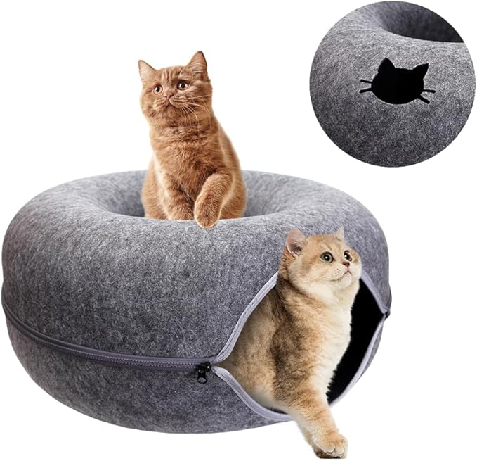Cat Tunnel Bed for Indoor Cats, Scratch Resistant Donut Cat Bed Cave, Indoor Cat Hideout, Detachable Round Felt & Washable Interior Cat Play Tunnel for Small Pets