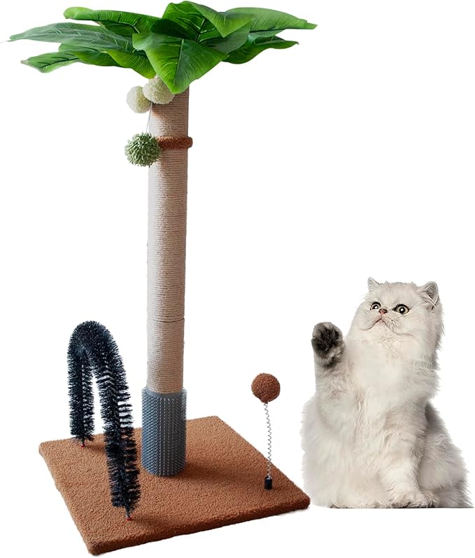 29.5" Tall Cat Scratching Post, Natural Sisal Scratching Posts with Self Groomer for Indoor Large Cats Kitten Scratch Posts with Hanging Ball and Spring Ball for Adult Cats Kittens Kitty(Coffee)