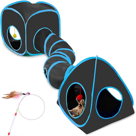 Cat Tunnels for Indoor Cats, Cat Tent, Cat Cube and Feather Cat Toy Collapsible Combo, with Interactive Cat Toy Ball, Cat Toy Set for Indoor Cat, Ferret, Guinea Pig, Rabbit, Bunny, Blue