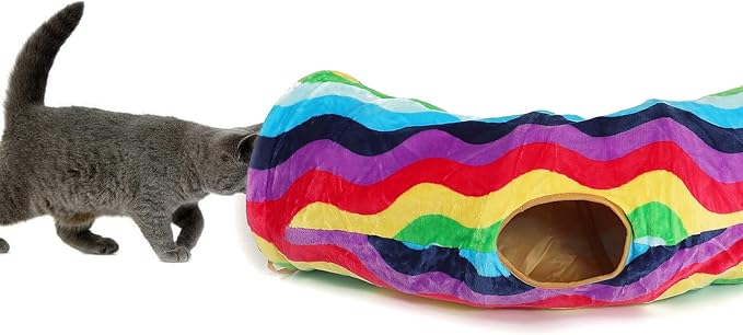 LUCKITTY Cat Tunnel - S-Shaped, Rainbow Wave Color, Soft Velvet Exterior, Oxford Fabric Fog-Proof Interior, Plush Toy Ball, Easily Washable, Conveniently Foldable, 47.2in/120cm