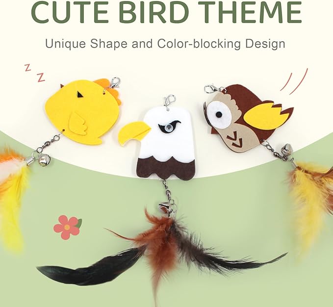 SONGWAY Interactive Cat Toys Wand - Retractable Cat Wand Toy and 6 Pieces Flying Bird Cat Toys Feather Replacement, Felt Cat Feather Toys for Indoor Cats