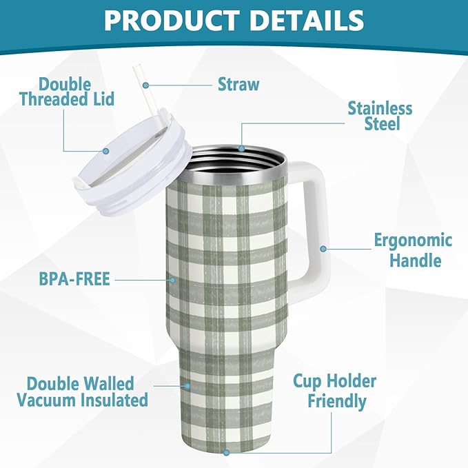 Boccsty Watercolor Sage Green Plaid Insulated Tumblers Reusable Stainless Steel Tumbler 40 oz Cup Coffee Travel Mug Water Bottle with Handle & Flip Straw for Home Office Car