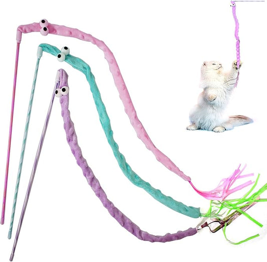 Cat Wand Toys, 3 PCS Cute Plush Snake Kitten Wands Soft Cat Teaser Wands Interactive Cat Toys for All Breed Sizes