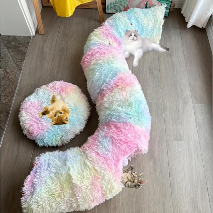 Cat Tunnel Bed, Tunnels for Indoor Cats Soft Warm Colorful Plush, Collapsible Interactive Tube Toys, Maze House with Peek Holes Dangling Ball for Rabbit, Kitten, Kitty, Puppy