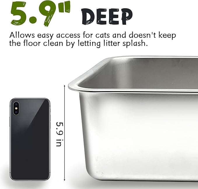 BNOSDM Stainless Steel Litter Box 2 Pack Large Metal Cat Litter Boxes with Litter Scoops, 6Inch Deep Pan Odor Control Non Stick Pet Toilet Litter Tray for Adult Cats (19.7x13.8x6 Inches)