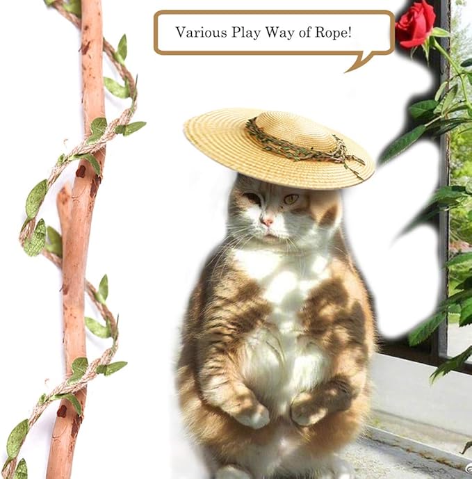 Hemp Rope for Cat Scratch Post Tree Replacement - Cat Scratcher Accessories with Artificial Leaves/Home Vine Ribbon Decoration for Art & Crafts