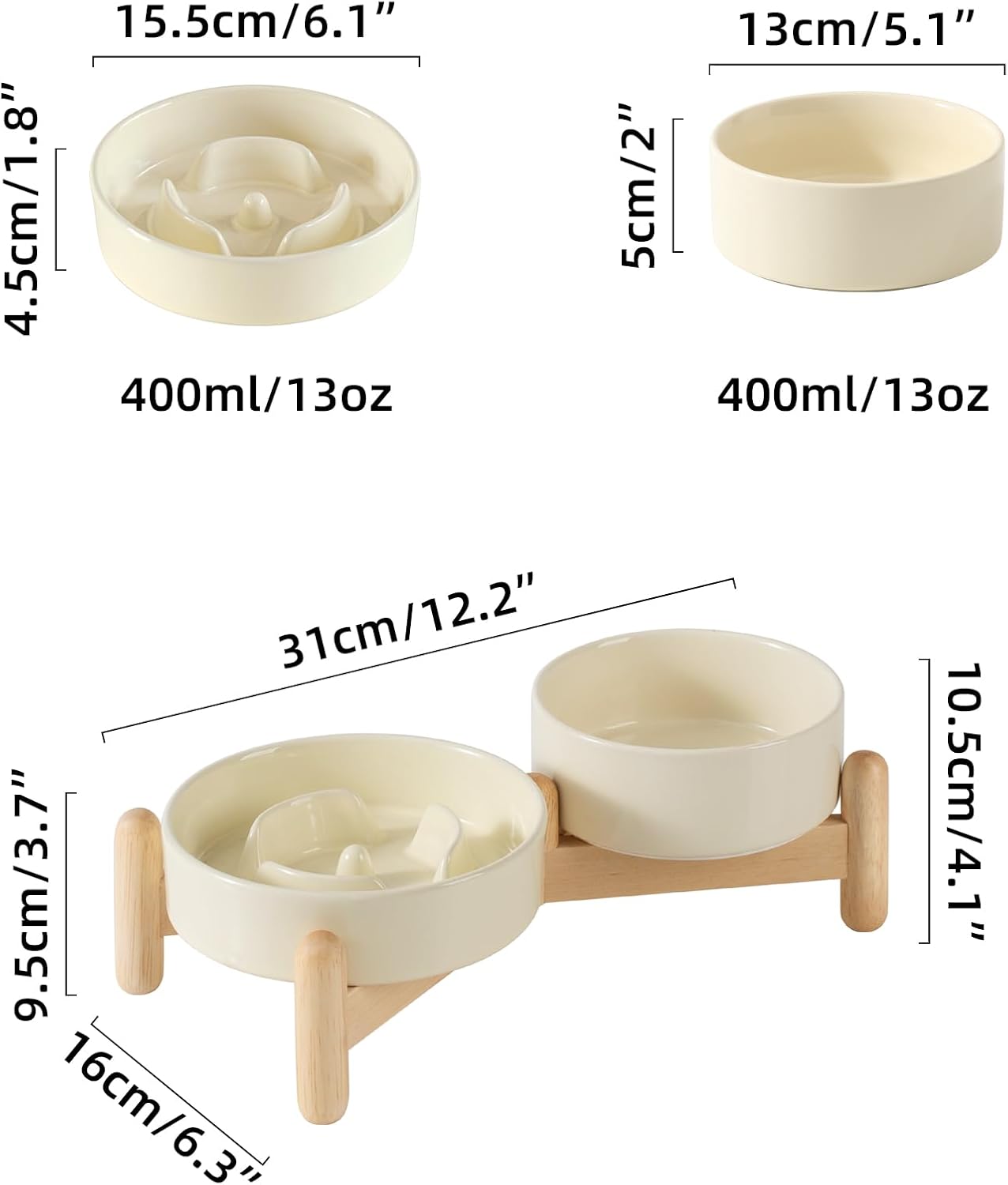 Ceramic Raised Slow Feeder Dog Bowl Set, Elevated 5.1inch Water Bowl and 6.1inch Puzzle Slow Pet Food Dish with Wooden Stand for Small Dog and Cat, Anti-Gulping (2X Beige+ Stand)