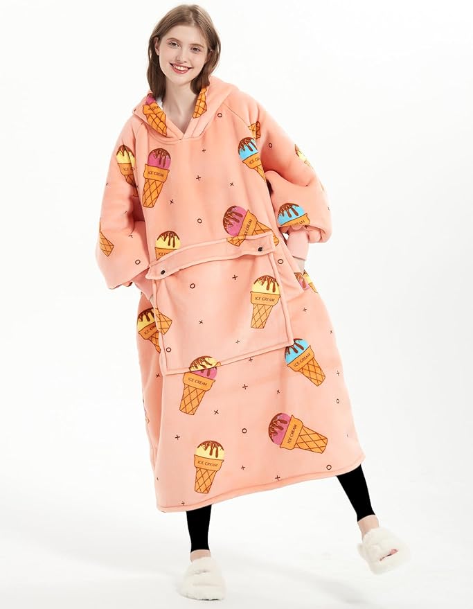 KFUBUO Wearable Blanket Hoodie for Adult Long Sherpa All Patterns ice Cream Oversized Hoodie Sweatshirt Blanket Cute Birthday Gifts for Women