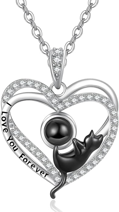 Birthstone Cat Necklaces,925 Sterling Silver Cat Necklace Heart Pendant for Women,Dainty Animal Jewelry for Her,Wedding Anniversary Birthday Gifts for Women Mom Grandma