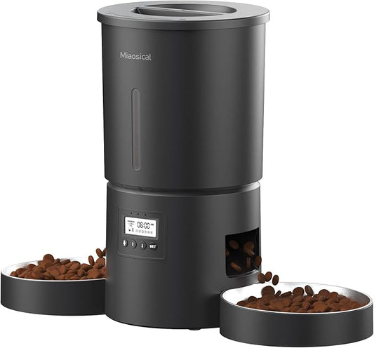 Automatic Cat Feeder for 2 Cats,4.2L Flexible Schedule,6 Meals/Day,1-12 Portions/Meal,Dual Power Auto Dual Pets Feeder Dry Food Dispenser,10S Voice Record(Black,4.2L+Stainless Steel 2 Bowls)