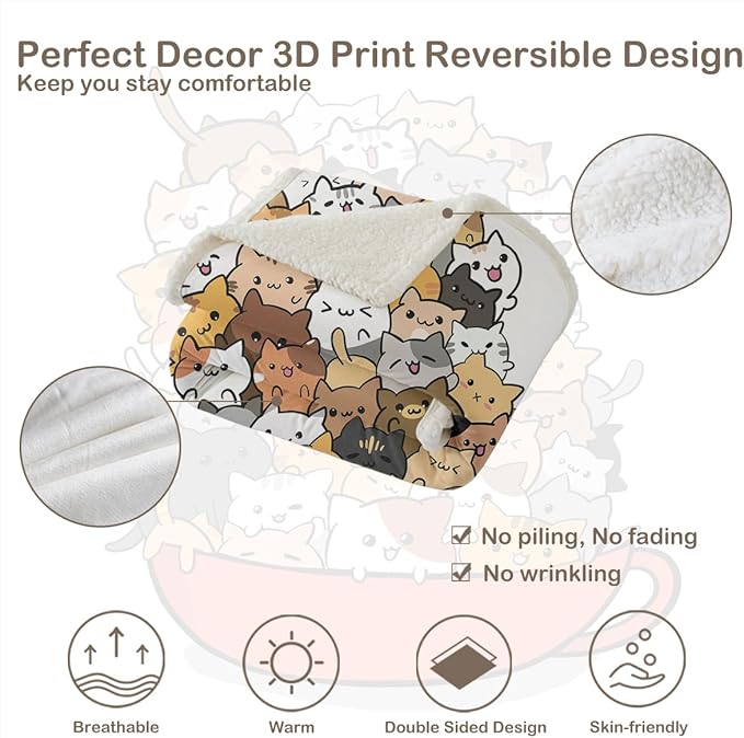 Sleepwish Cute Cats Fleece Throw Blanket for Couch Chair Fuzzy Kitten in Teacup Print Plush Sherpa Blanket Gifts for Cat Lovers, Baby(30"x 40")