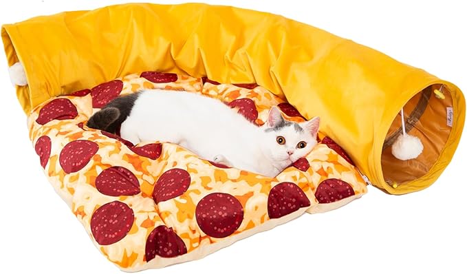 LUCKITTY Cat Tunnel Bed - Peek-a-Boo Pizza Shape Design for Cozy and Playful Animals - 9.8 -Inch Diameter Yellow