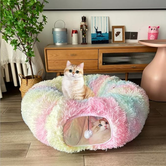 Cat Tunnel Bed, Tunnels for Indoor Cats Soft Warm Colorful Plush, Collapsible Interactive Tube Toys, Maze House with Peek Holes Dangling Ball for Rabbit, Kitten, Kitty, Puppy