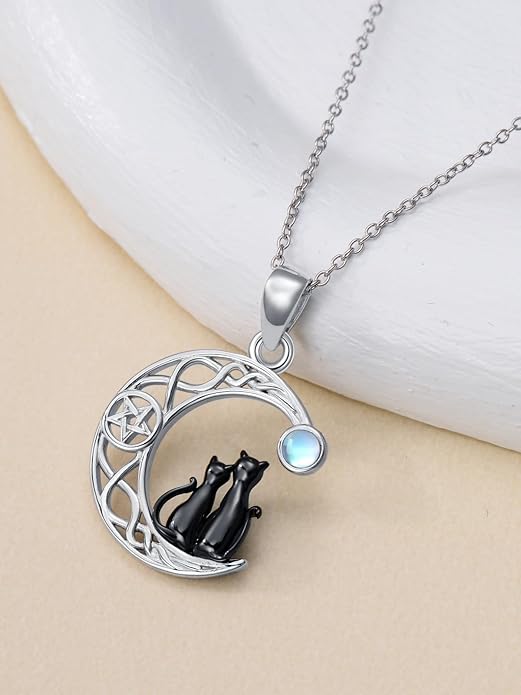 Black Cat/Dragon/Fox/Wolf Necklace 925 Sterling Silver Celtic Moon Pentagram Pendant Gothic Jewelry Goth Halloween Gifts for Women