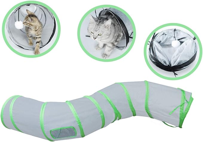 PetLike S Way Cat Tunnel Collapsible Pop-up Pet Tube Hideaway Play Toy with Ball (S-Way, Grey and Green)