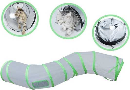 PetLike S Way Cat Tunnel Collapsible Pop-up Pet Tube Hideaway Play Toy with Ball (S-Way, Grey and Green)
