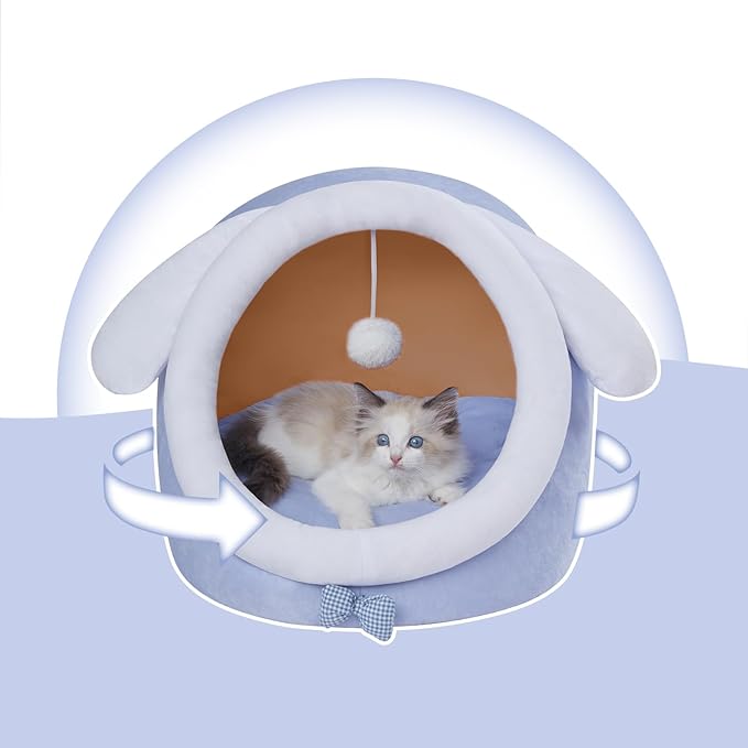Jiupety Cat Bed for Indoor Cats, Soft Cozy Cat Bed Cave Fit for Cat Up to 16 Lbs and Puppy, Lovely Cat Bed, Blue, M.