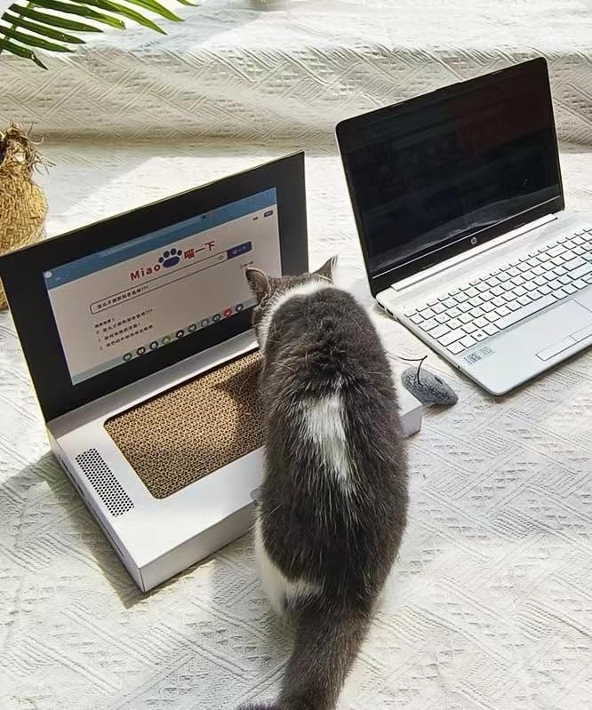 Cardboard Cat Scratcher,Laptop Scratcher Cat Toy with Interactive Mouse Cat Teaser,Laptop Cat Toy,Foldable Corrugated Cardboard Cat Scratching Board