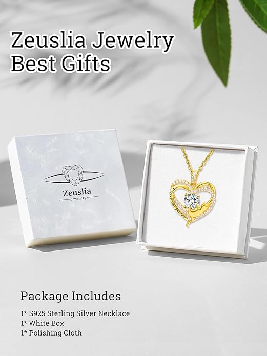 Birthstone Cat Necklaces,925 Sterling Silver Cat Necklace Heart Pendant for Women,Dainty Animal Jewelry for Her,Wedding Anniversary Birthday Gifts for Women Mom Grandma