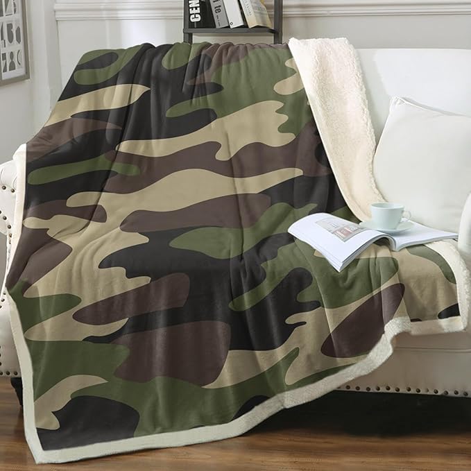 Sleepwish Green Camouflage Fleece Throw Blanket for Kids Boys Soft Brown Camo Camping Sherpa Blanket for Couch Chair Bed, Queen (90" X 90")