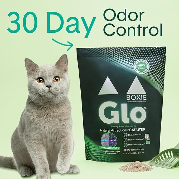 Boxie® Glo™ Natural Attractions 30 Day Odor Control Clumping Corn Cat Litter, 16.5 lb, 99.9% Dust-Free, Plant-Based, Lightweight, Strong Clumping, UV Light Attractant for Litter Box Use
