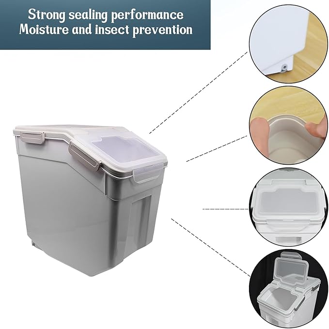AnRui 2Pcs Airtight Flour Storage Containers 45LB, Large Rice Storage Container, Plastic Cereal Grain Dispenser Organizer Pet Dog Cat Food Storage Bin with Lid, with Measuring Cup, Scoop, Gray
