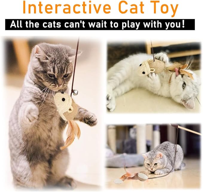 Cat Teaser 3 PCS Interactive Cat Toys Set Mouse Hamster Balloon 16 inch (40 cm) Sturdy Natural Wood Rod Organic Hemp Cord Feather Elastic Rope Small Bell Catnip Lollipop